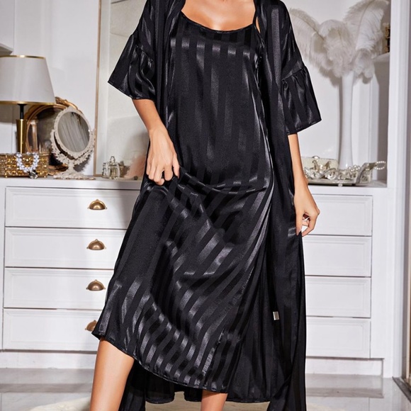 Striped Flounce Sleeve Open Front Robe and Cami Dress Set - Picture 1 of 11